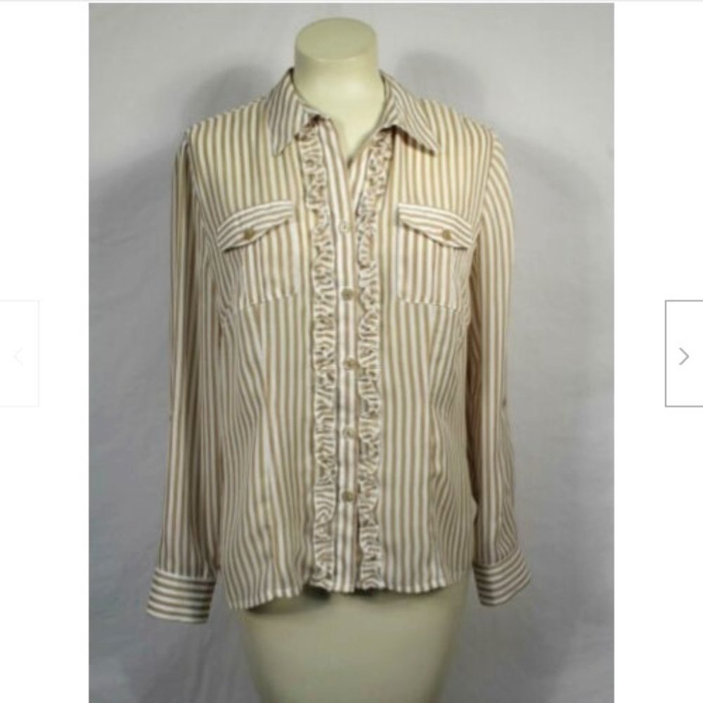 Kathy Che Tan + White Stripe Blouse Ruffle Trim M - Picture 1 of 5